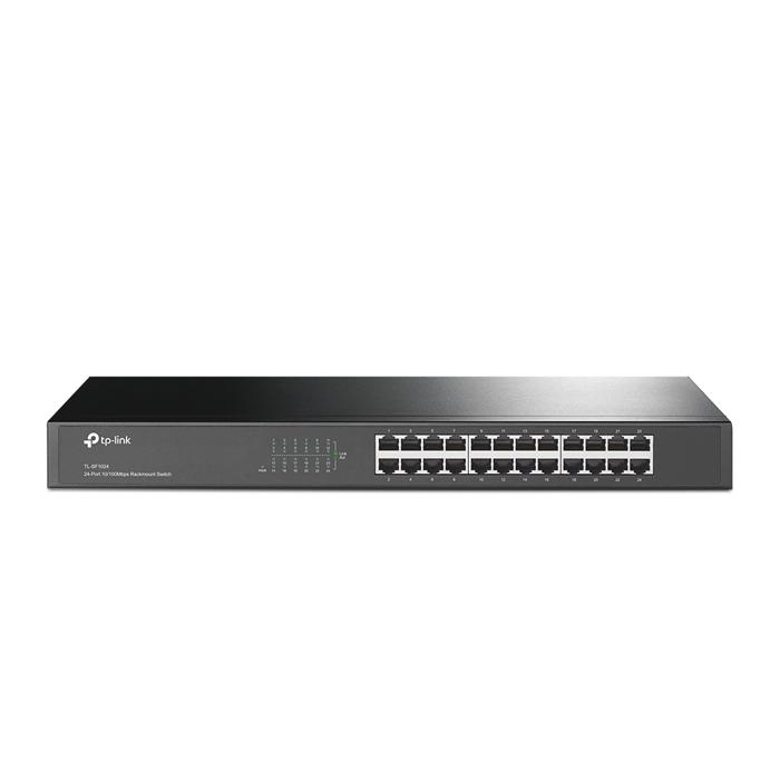 TP-Link TL-SF1024 24-port unmanaged Ethernet switch with a sleek steel design, showcasing multiple RJ45 ports for network connectivity.