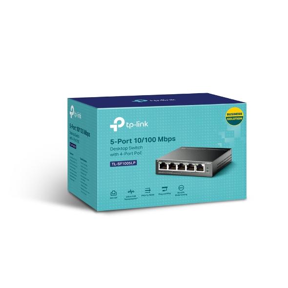 TP-LINK TL-SF1005LP 5-Port Desktop Switch with 4 PoE ports, compact design, and Ethernet connectivity.