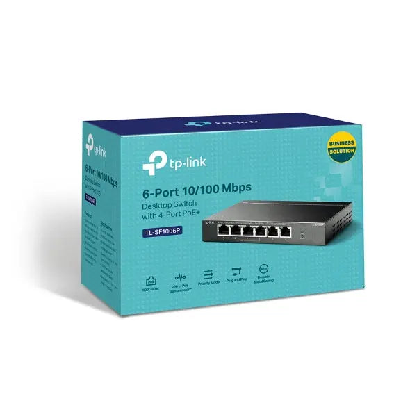 TP-LINK TL-SF1006P 6-Port Desktop Switch with 4 PoE+ ports, compact design, and multiple RJ45 connections.