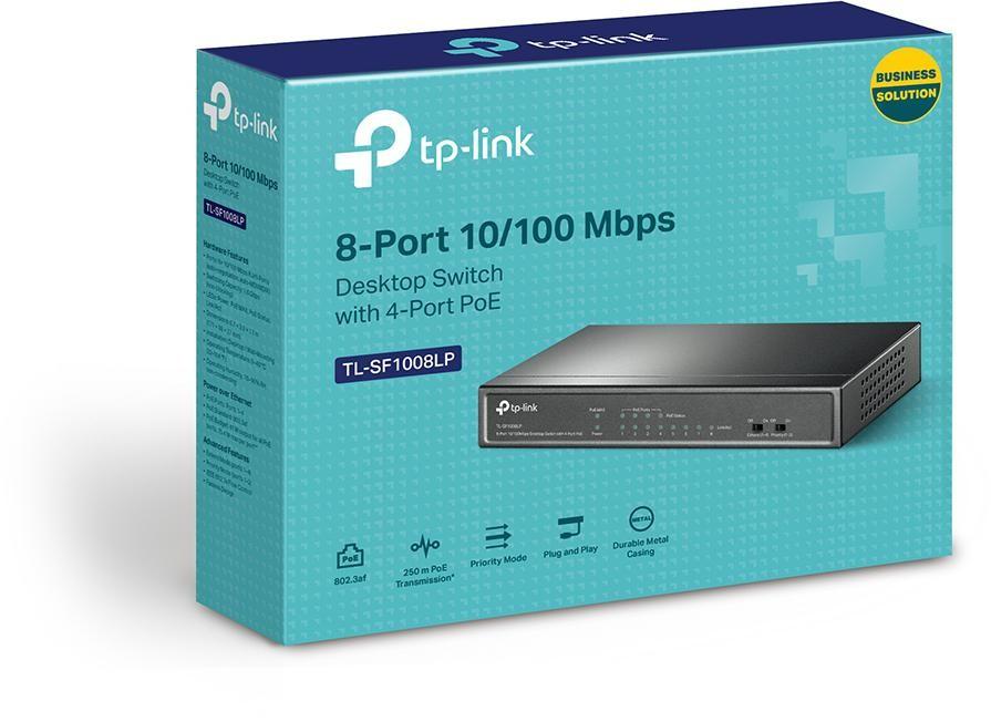 TP-LINK TL-SF1008LP 8-Port Desktop Switch with 4 PoE ports, featuring a compact design and multiple connectivity options.