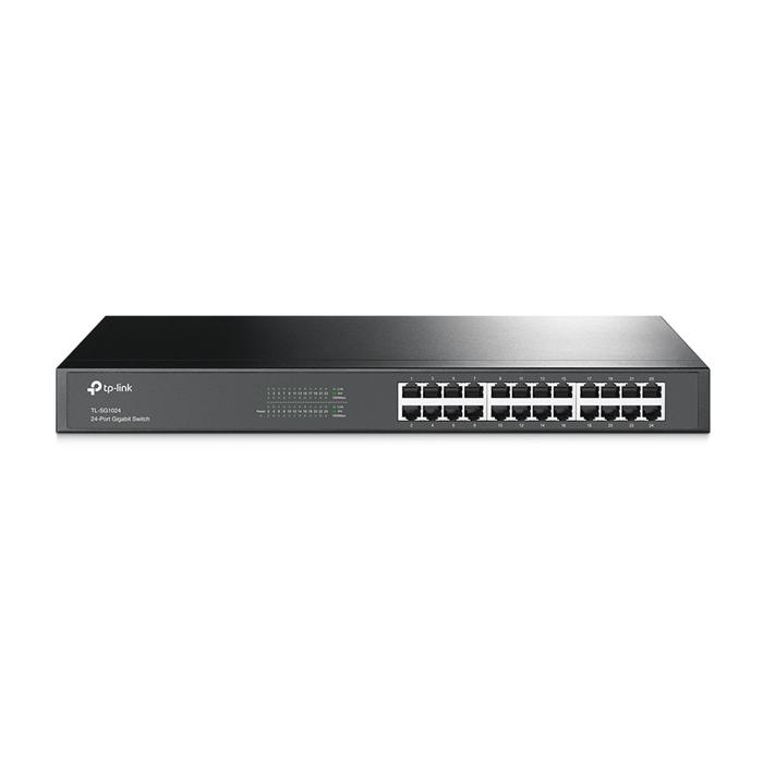 TP-Link TL-SG1024 24-Port Unmanaged Gigabit Ethernet Switch with 24 RJ45 ports and a sleek steel case design.