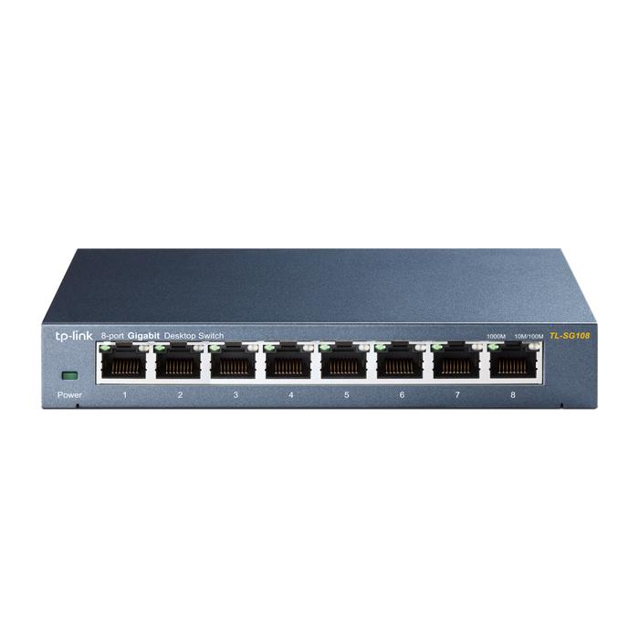 TP-Link TL-SG108 8 Port Gigabit Ethernet Desktop Switch with eight RJ45 ports and a sleek design, ideal for home and office networking.