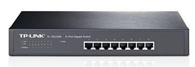 TP-Link TL-SG1008 8-Port Gigabit Unmanaged Switch on a desktop, showcasing its compact design and multiple Ethernet ports.