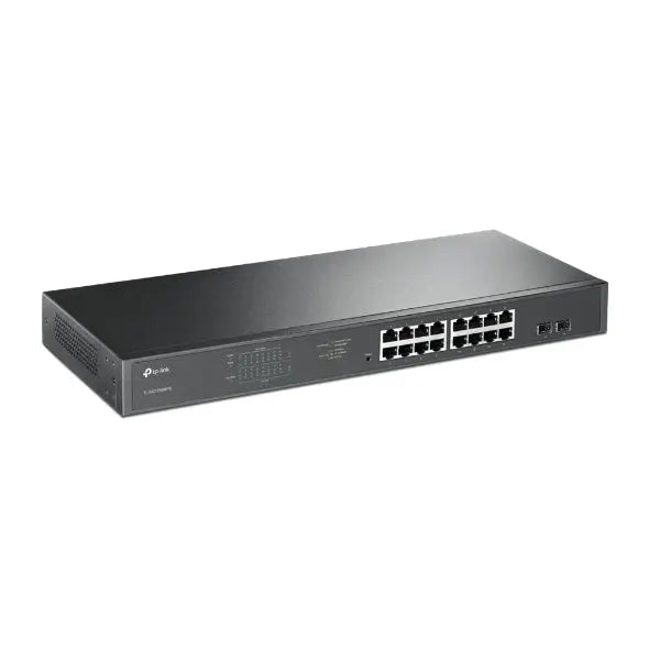 TP-LINK TL-SG1218MPE JetStream 16-Port Gigabit PoE switch with multiple RJ45 ports and fiber ports.