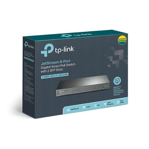 TP-Link TL-SG2210P 8-Port Gigabit Smart PoE Switch with 2 SFP Slots, featuring 8 PoE ports and advanced management capabilities.