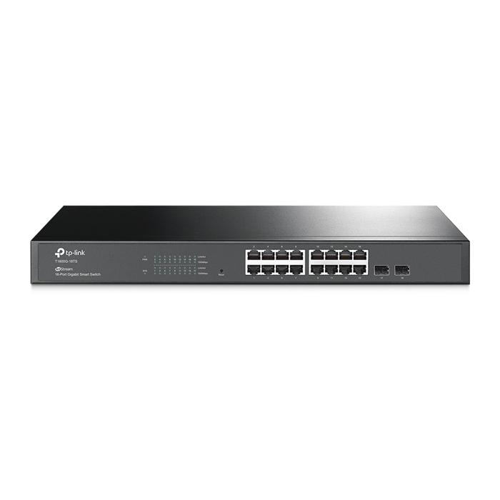 TP-Link TL-SG2216 16 Port Gigabit Smart Switch with 2 Combo SFP Slots, showcasing its ports and design.