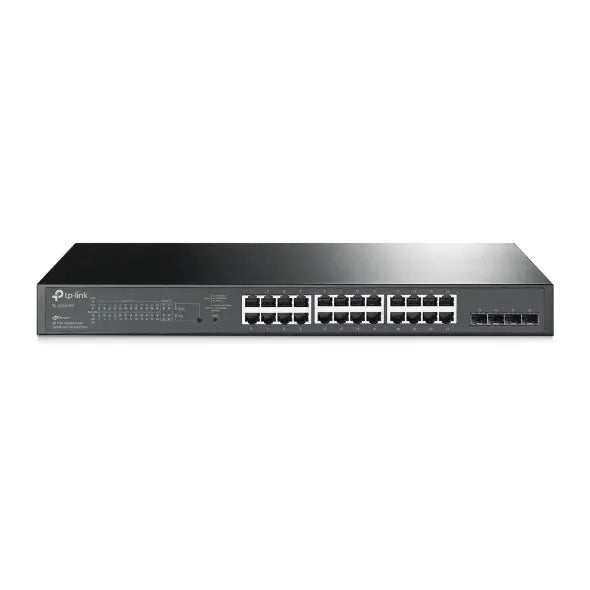 TP-LINK TL-SG2428P JetStream 28-Port Gigabit Smart Switch with 24 PoE+ ports, showcasing its sleek design and multiple connectivity options.