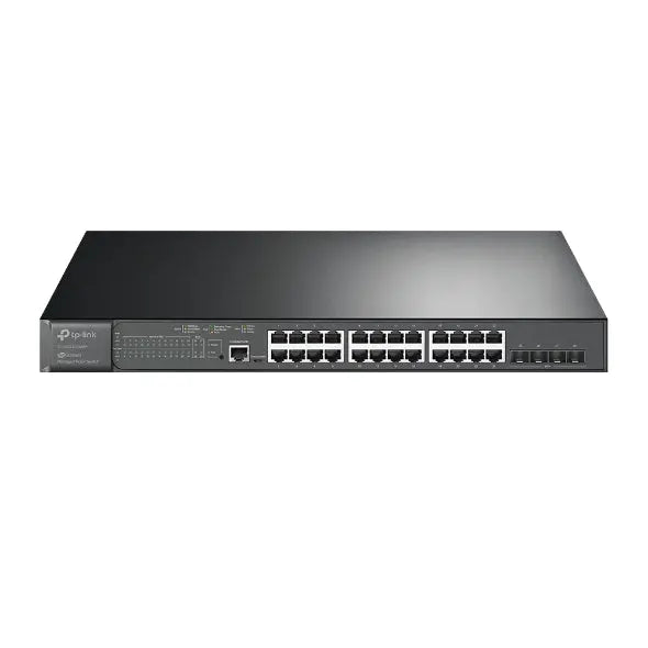 TP-LINK TL-SG3428XMP JetStream switch with 24 Gigabit ports and 4 SFP+ slots, designed for high-performance networking.