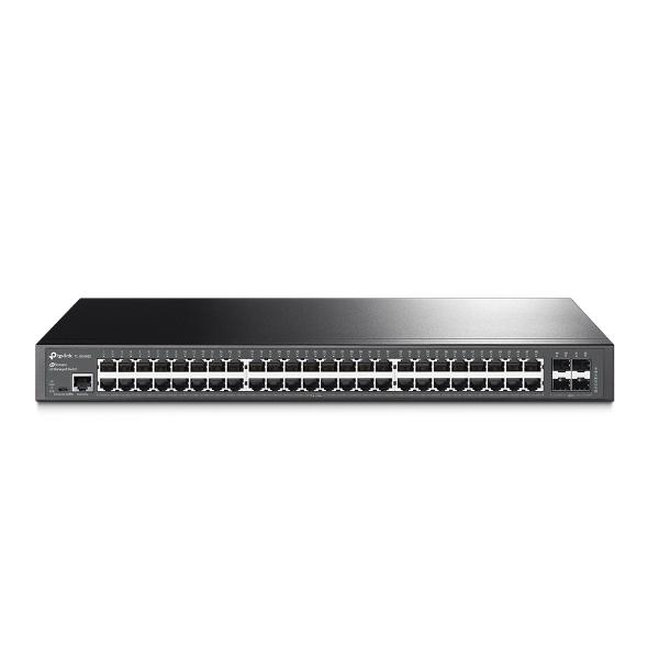 TP-LINK TL-SG3452 JetStream 48-Port Gigabit L2 Managed Switch with 4 SFP slots, showcasing its ports and sleek design.