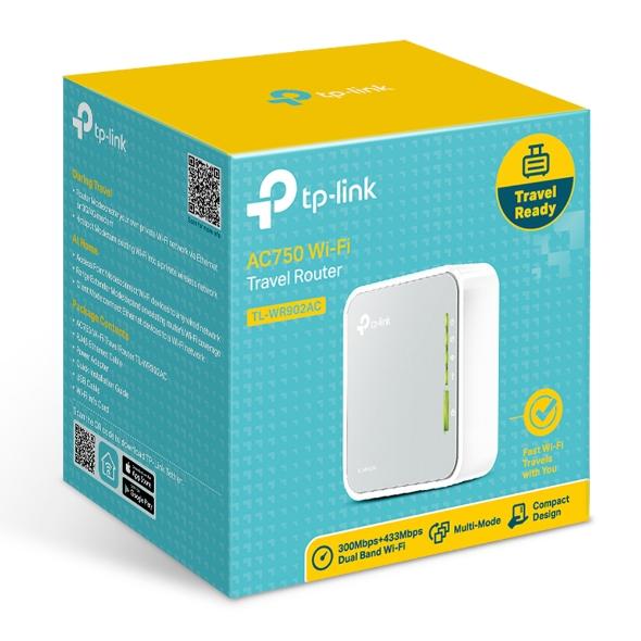 TP-LINK TL-WR902AC AC750 Dual Band WiFi Wireless Travel Router, compact design with USB port and mode switch.