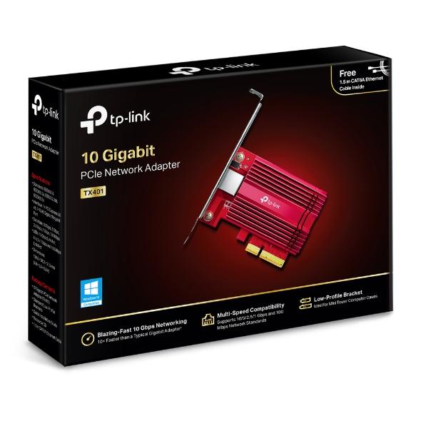 TP-LINK TX401 10 Gigabit PCI Express Network Adapter with included CAT6A Ethernet cable and installation brackets.