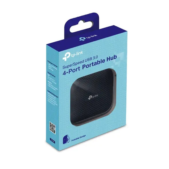 TP-LINK UH400 USB 3.0 Hub with four ports, compact design, and built-in USB connector cable.