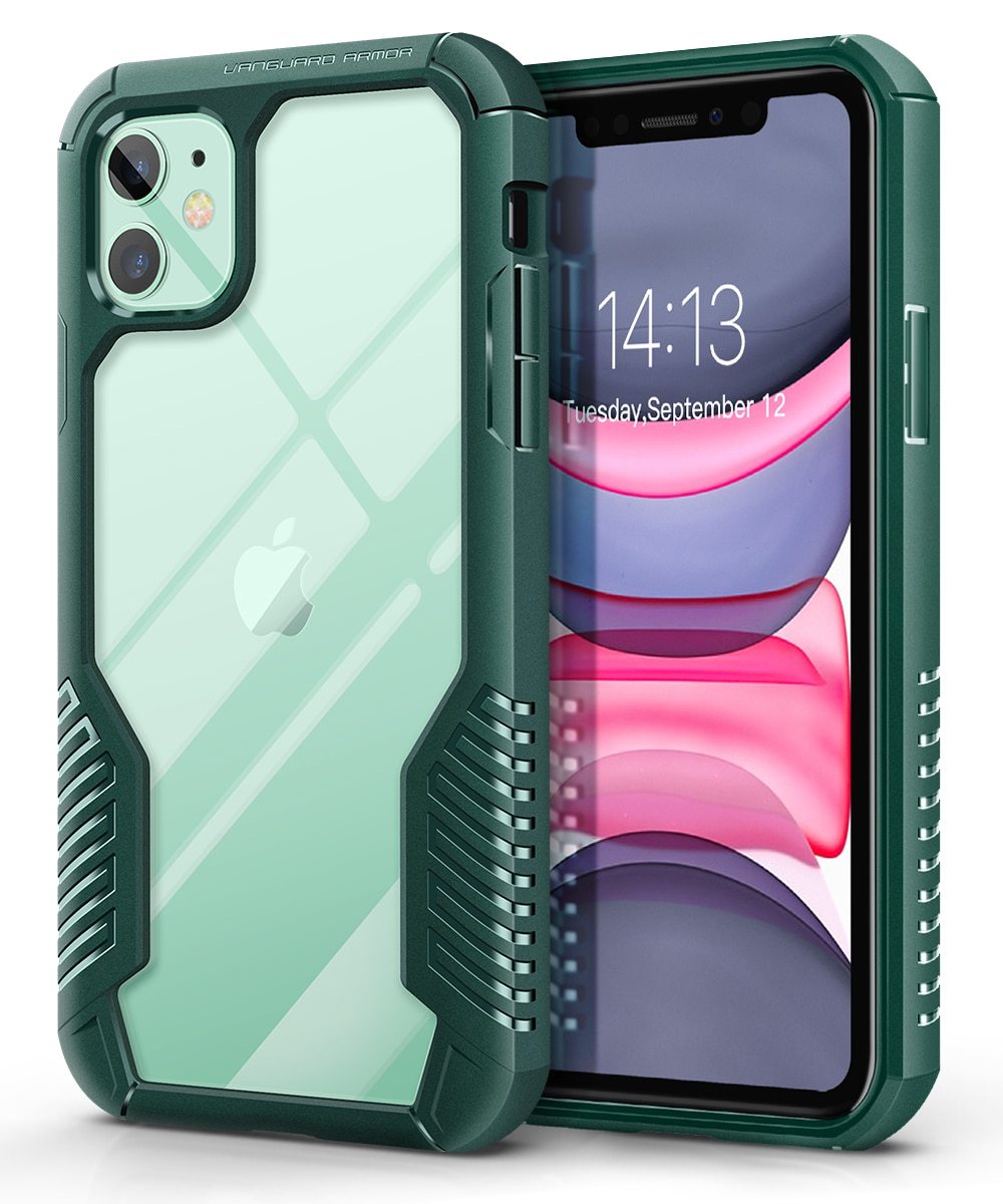 Rugged TPU case for iPhone 11, showcasing its durable design and built-in screen protector.