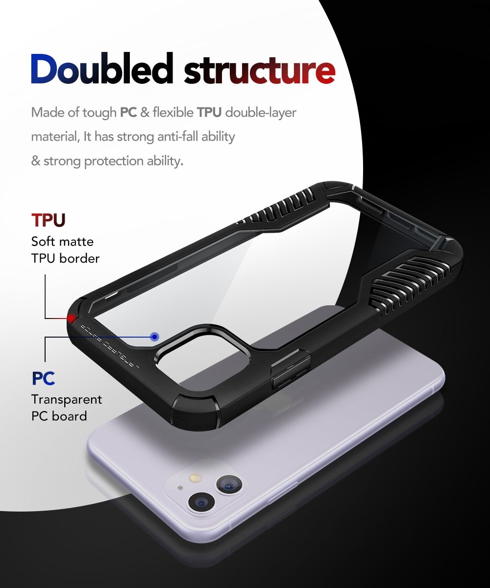 Rugged TPU case for iPhone 11, showcasing its durable design and built-in screen protector.