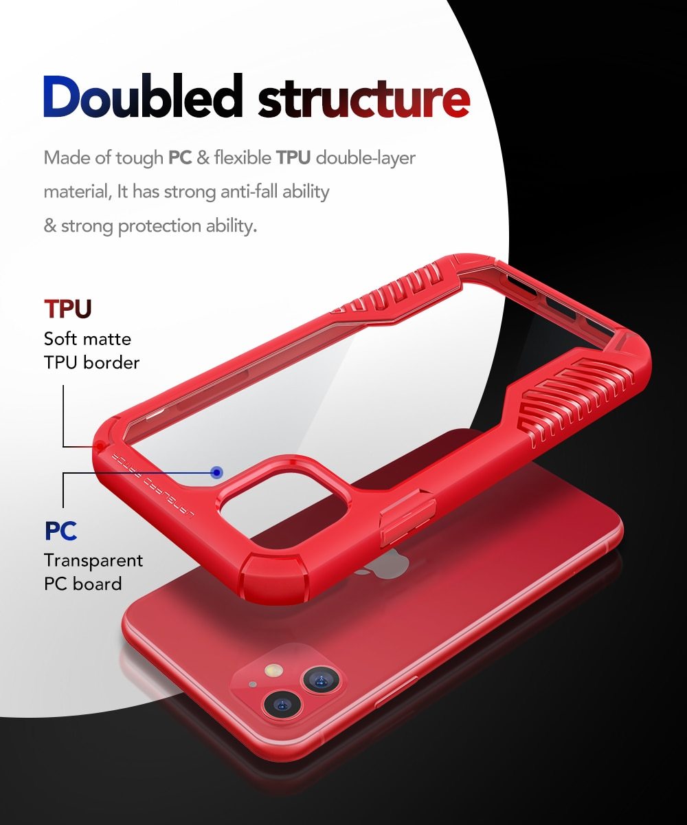 Rugged TPU case for iPhone 11, showcasing its durable design and built-in screen protector.