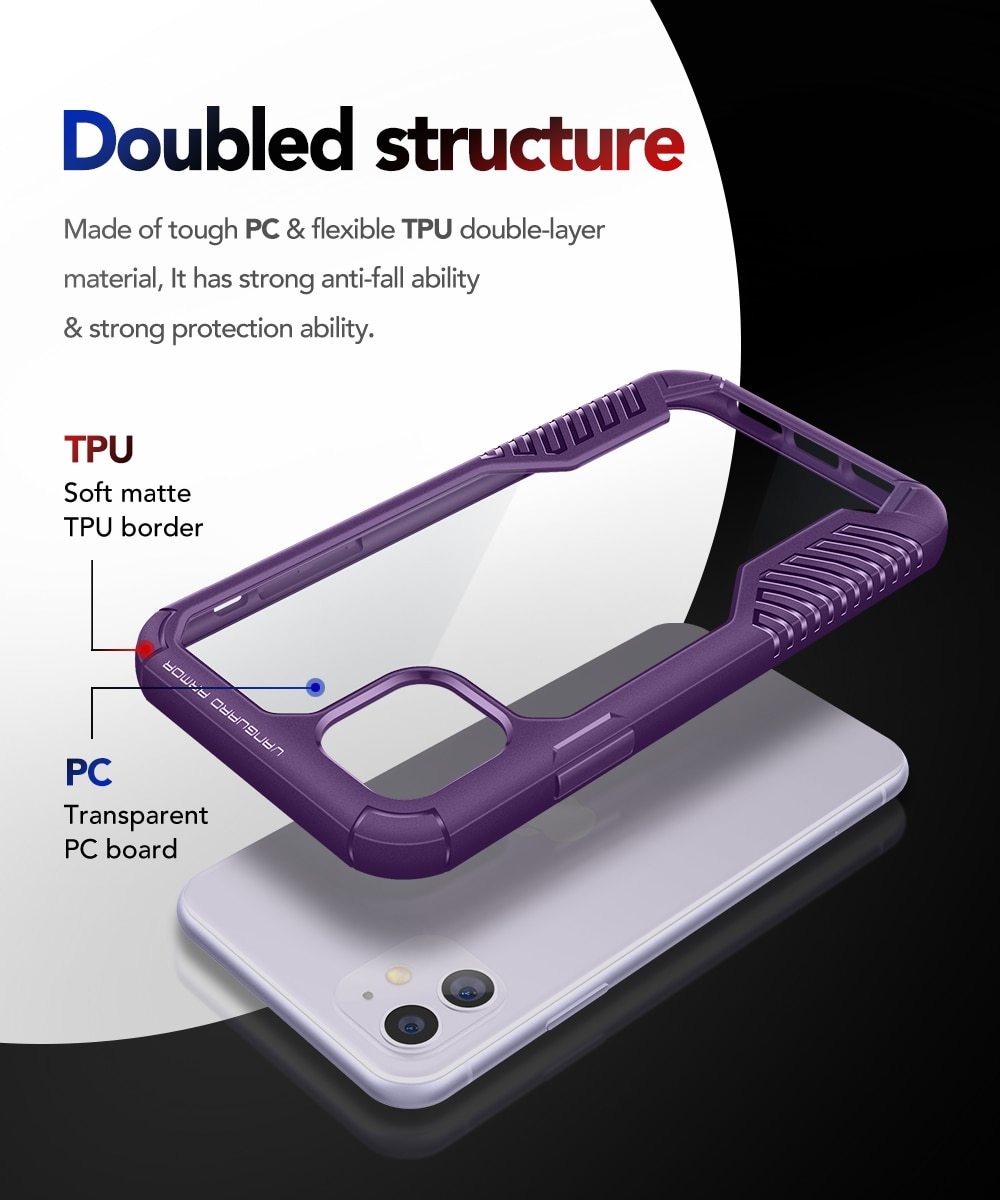 Rugged TPU case for iPhone 11, showcasing its durable design and built-in screen protector.