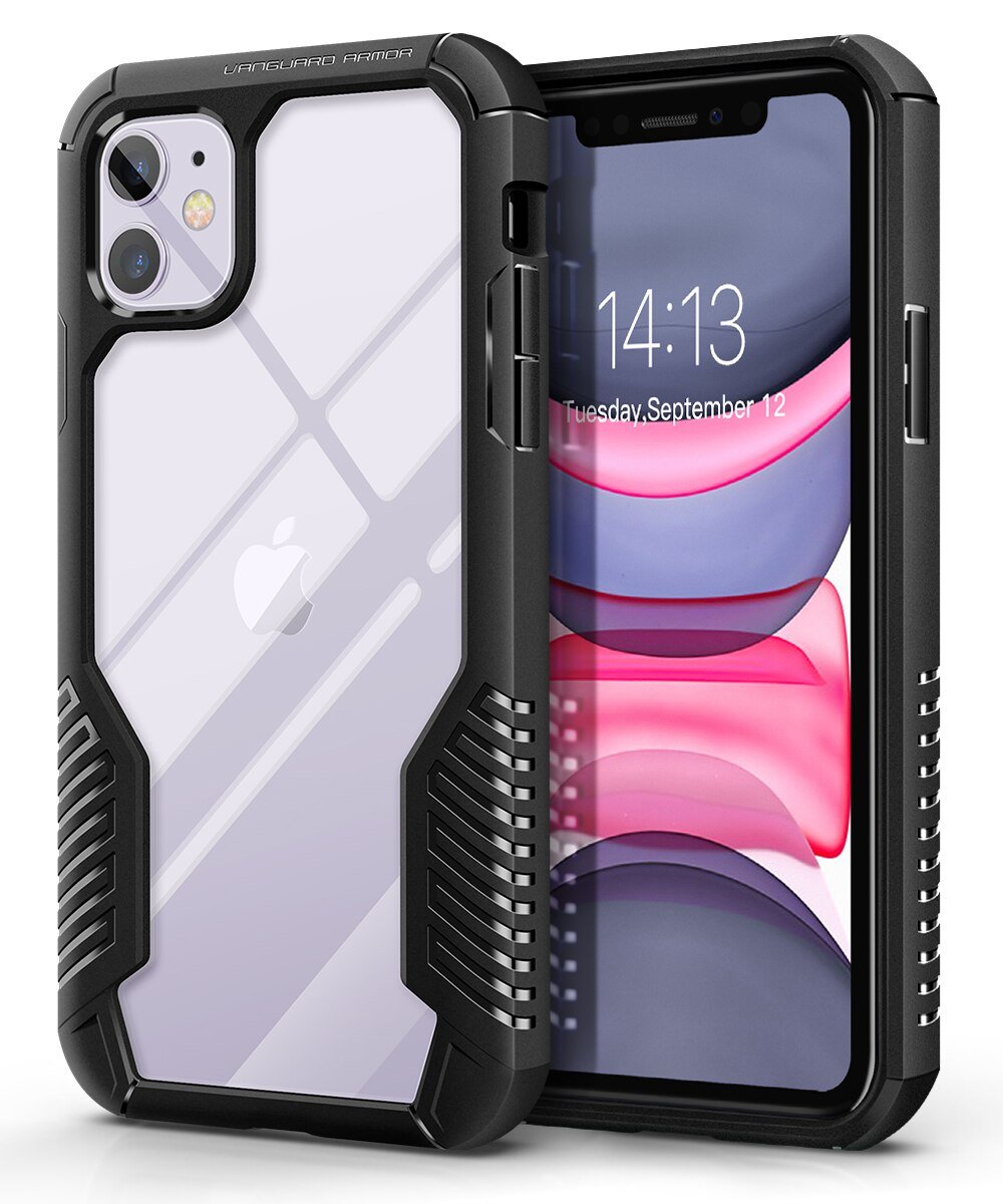 Rugged TPU case for iPhone 11, showcasing its durable design and built-in screen protector.