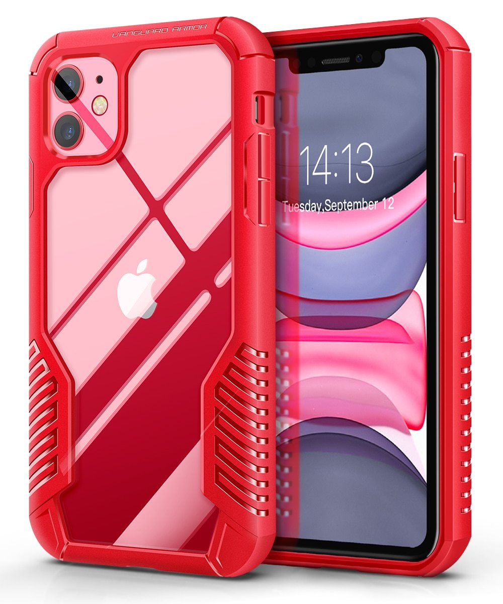 Rugged TPU case for iPhone 11, showcasing its durable design and built-in screen protector.