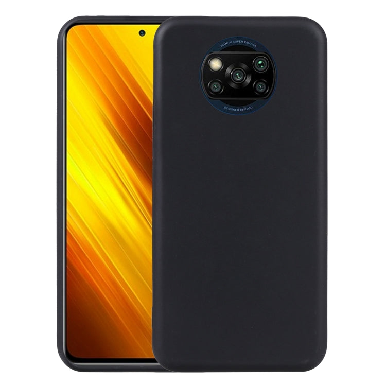 Black TPU phone case designed for Xiaomi Poco X3 NFC, Poco X3, and Poco X3 Pro, showcasing its sleek design and protective features.