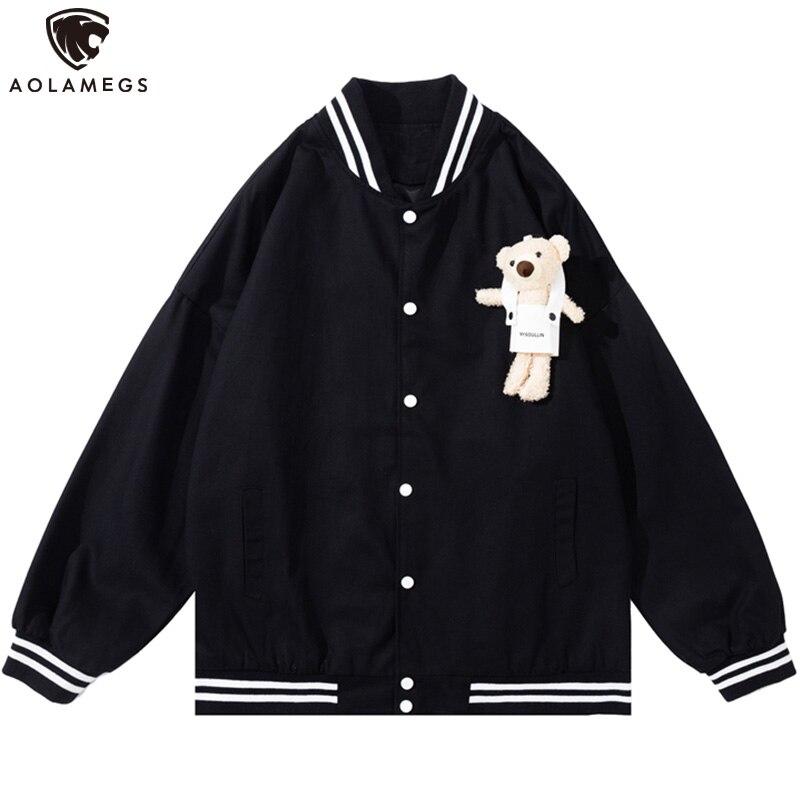 Men's track jacket featuring a cute bear design and varsity letter patches, perfect for autumn and winter streetwear.