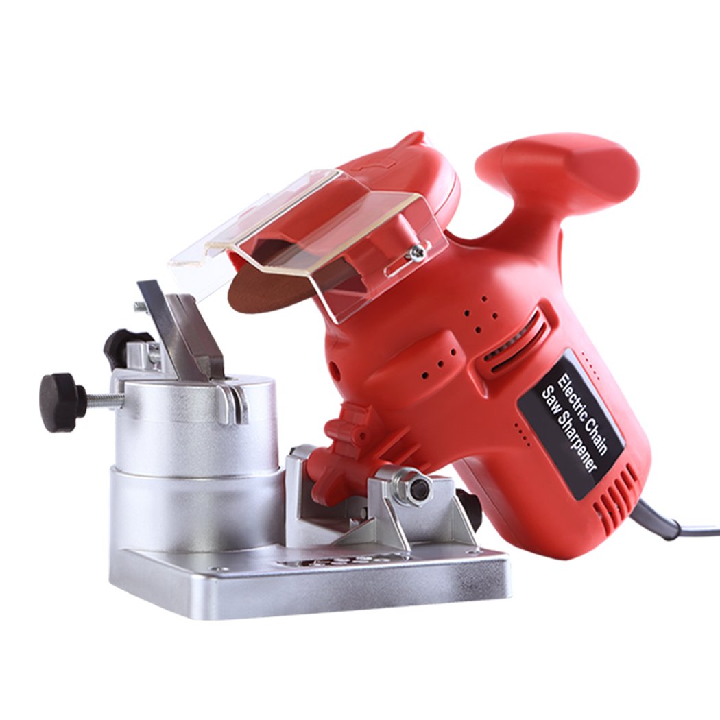 Traderight 220W Chainsaw Sharpener with transparent cover and adjustable features, designed for precise sharpening of chainsaw blades.