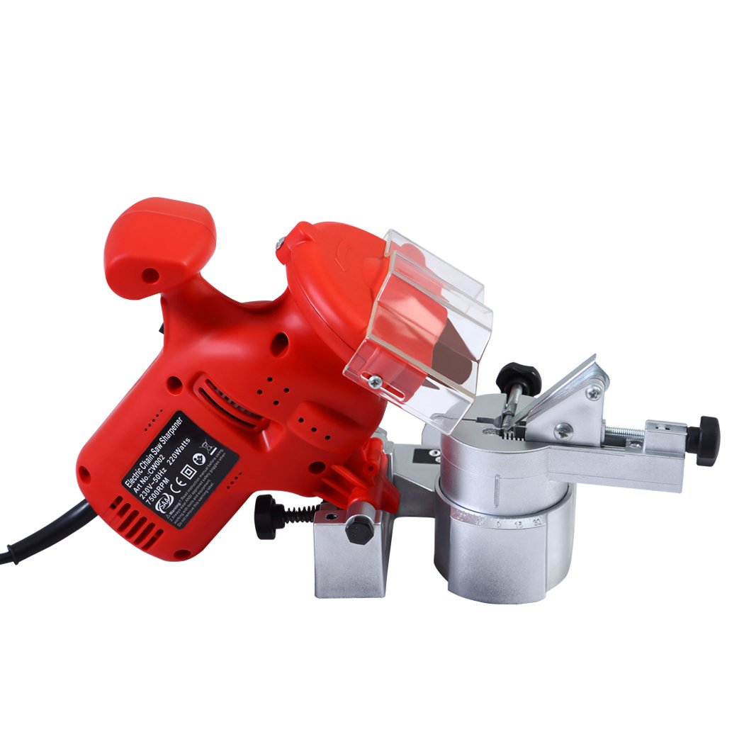 Traderight 220W Chainsaw Sharpener with transparent cover and adjustable features, designed for precise sharpening of chainsaw blades.