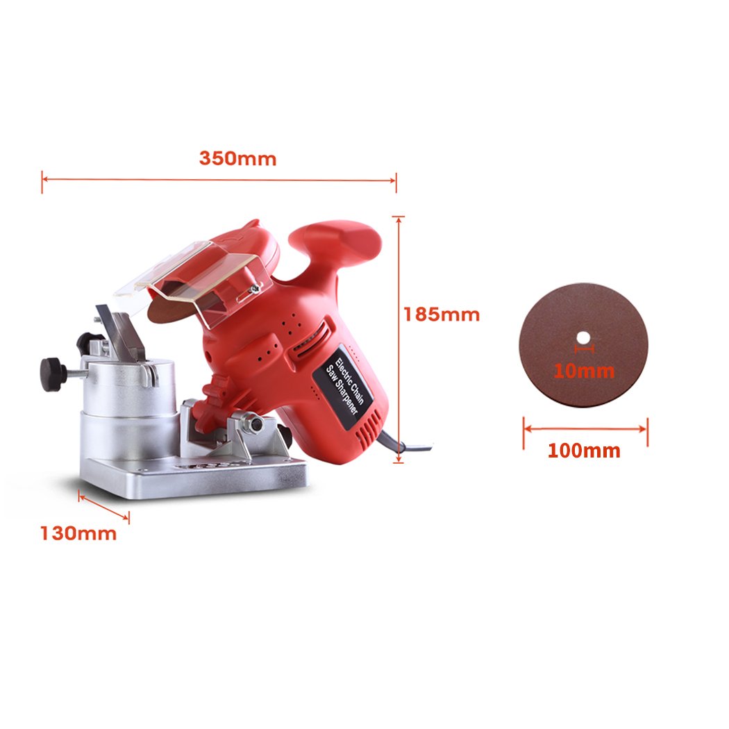 Traderight 220W Chainsaw Sharpener with transparent cover and adjustable features, designed for precise sharpening of chainsaw blades.