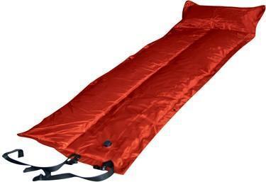 Trailblazer Self-Inflatable Foldable Air Mattress in red with a pillow, ideal for camping and outdoor use.