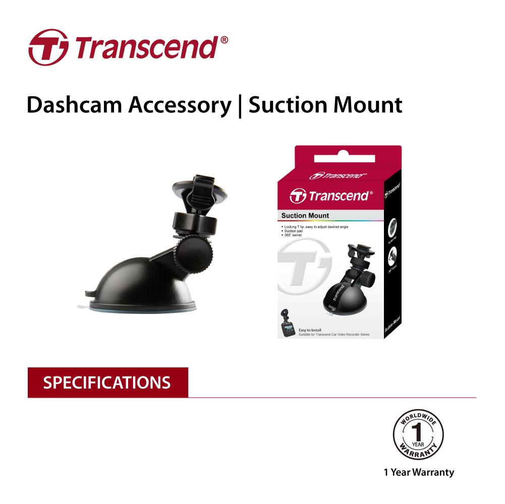 TRANSCEND TS-DPM1 suction mount for DrivePro dash cam, featuring a lockable suction cup and adjustable swivel options.