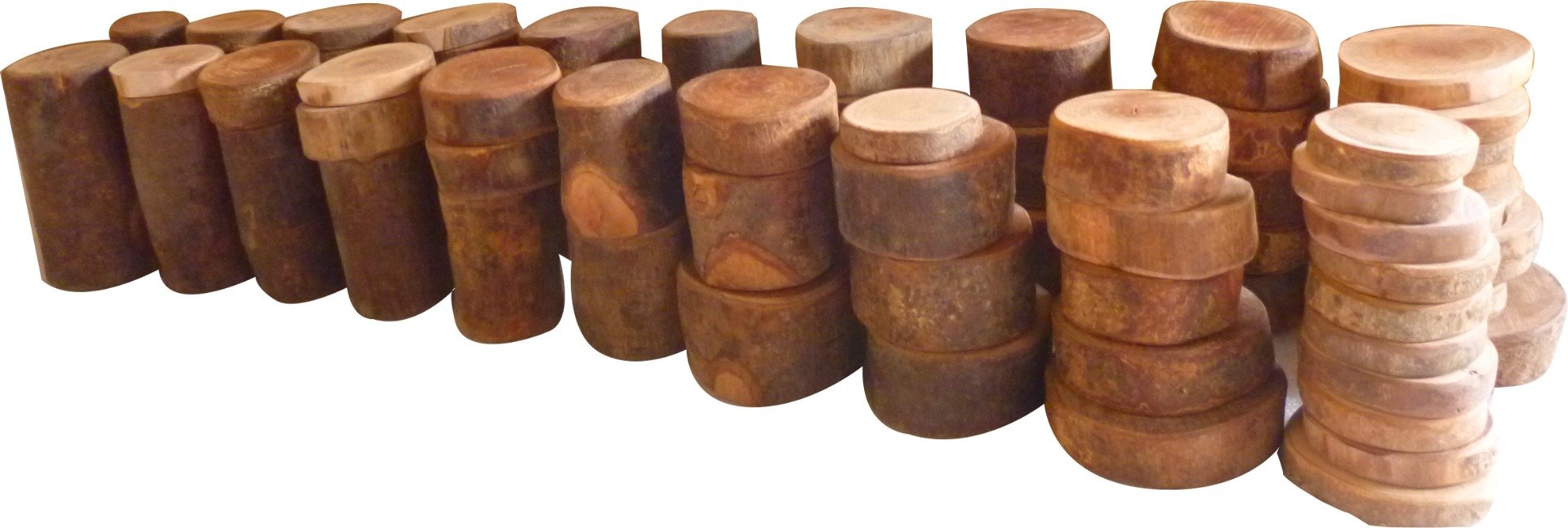 A colorful set of 70 wooden tree blocks in various sizes, perfect for counting and math activities, displayed in a cotton bag.