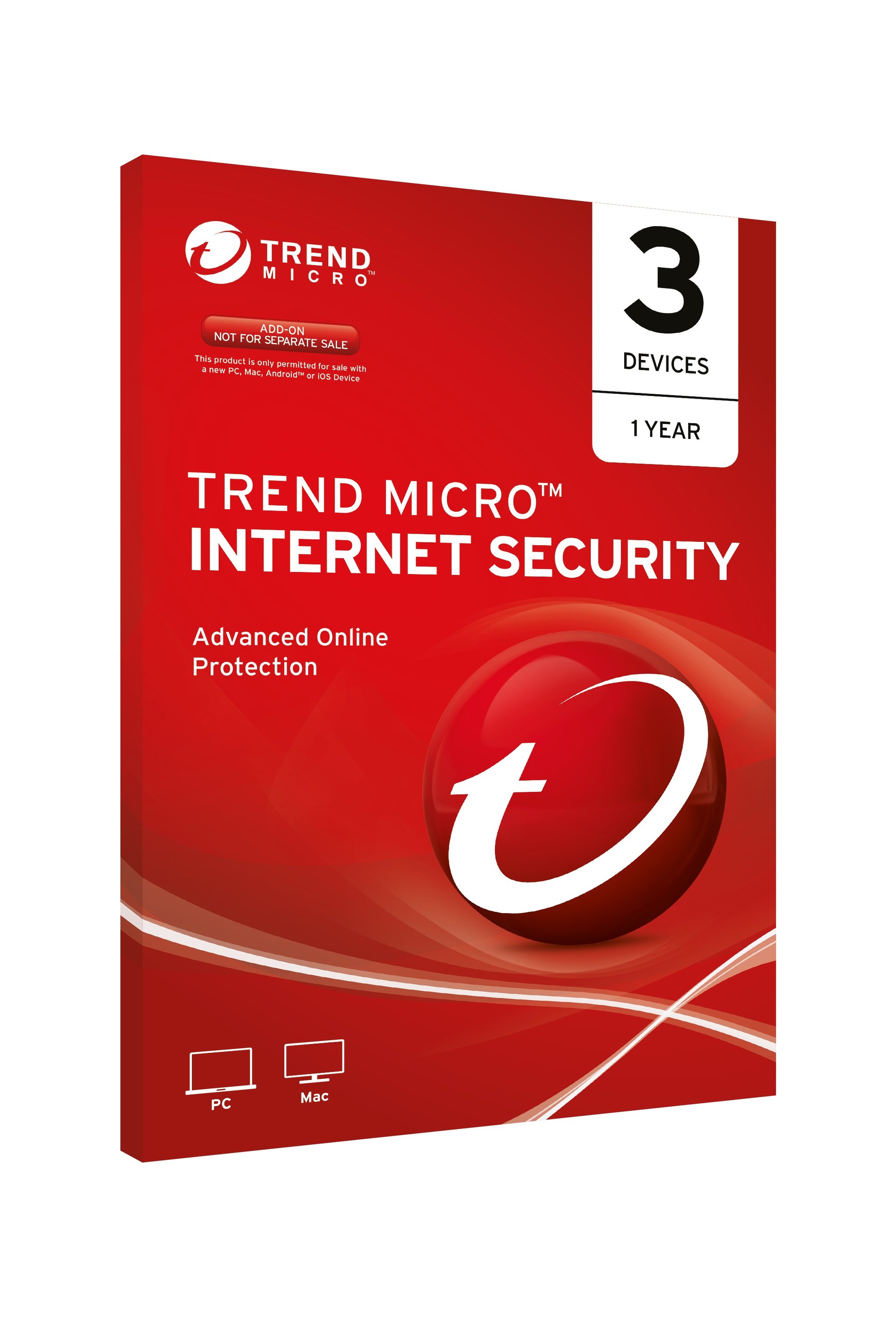 Trend Micro Internet Security OEM packaging for 3 devices, showcasing advanced online protection features.