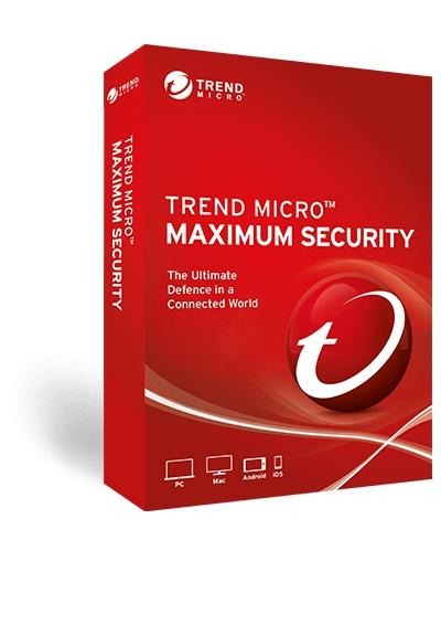 Trend Micro Maximum Security Mini Box for 1-3 Devices, showcasing advanced cybersecurity features and compact design.