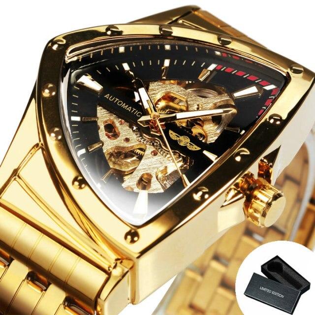 Triangle Military Men Watch featuring a skeleton design, automatic movement, and stainless steel strap, showcasing luxury and durability.