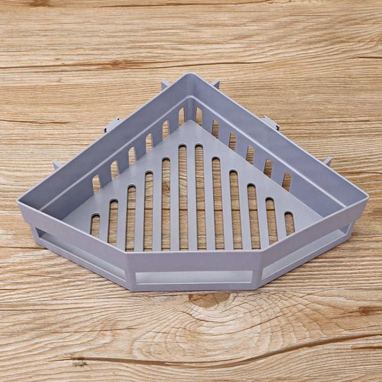 Gray Triangle Shelf for Kitchen and Bathroom Toiletries Storage, featuring a hollow design for drainage and notch hooks for support.