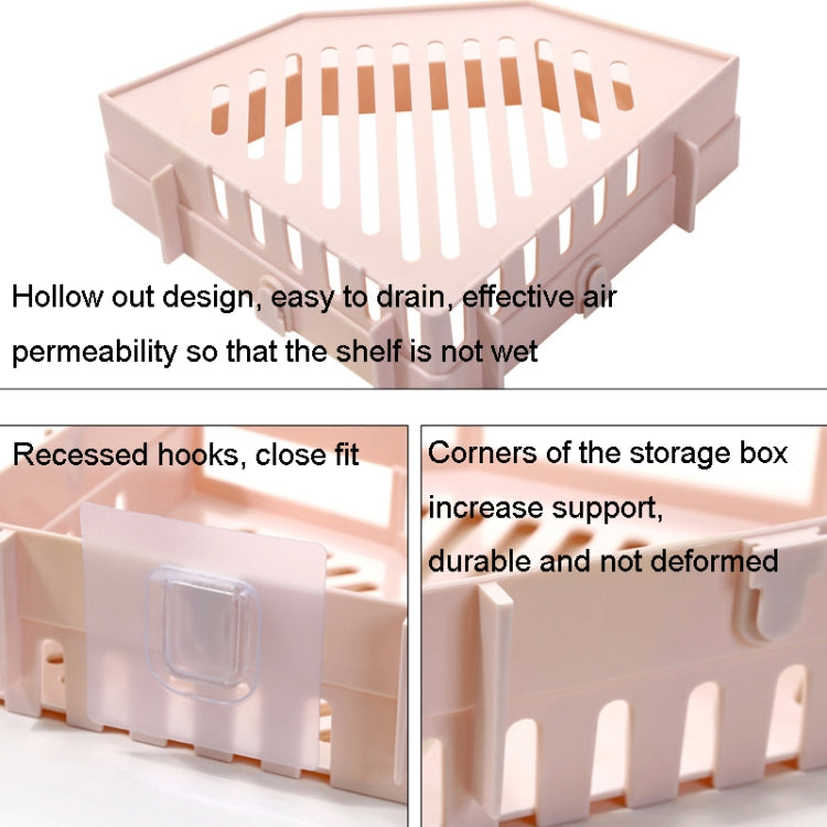 Gray Triangle Shelf for Kitchen and Bathroom Toiletries Storage, featuring a hollow design for drainage and notch hooks for support.