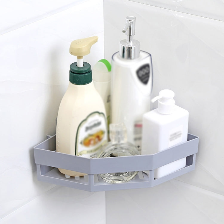 Gray Triangle Shelf for Kitchen and Bathroom Toiletries Storage, featuring a hollow design for drainage and notch hooks for support.