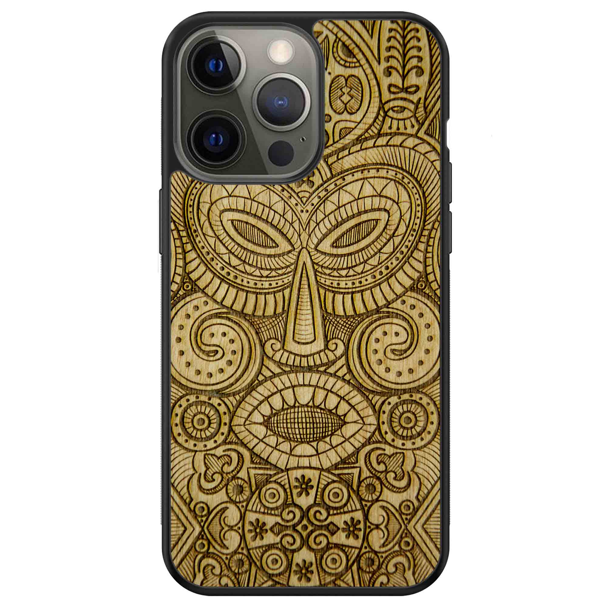 Tribal Mask wooden phone case held in hand, showcasing its unique design and natural wood grain.