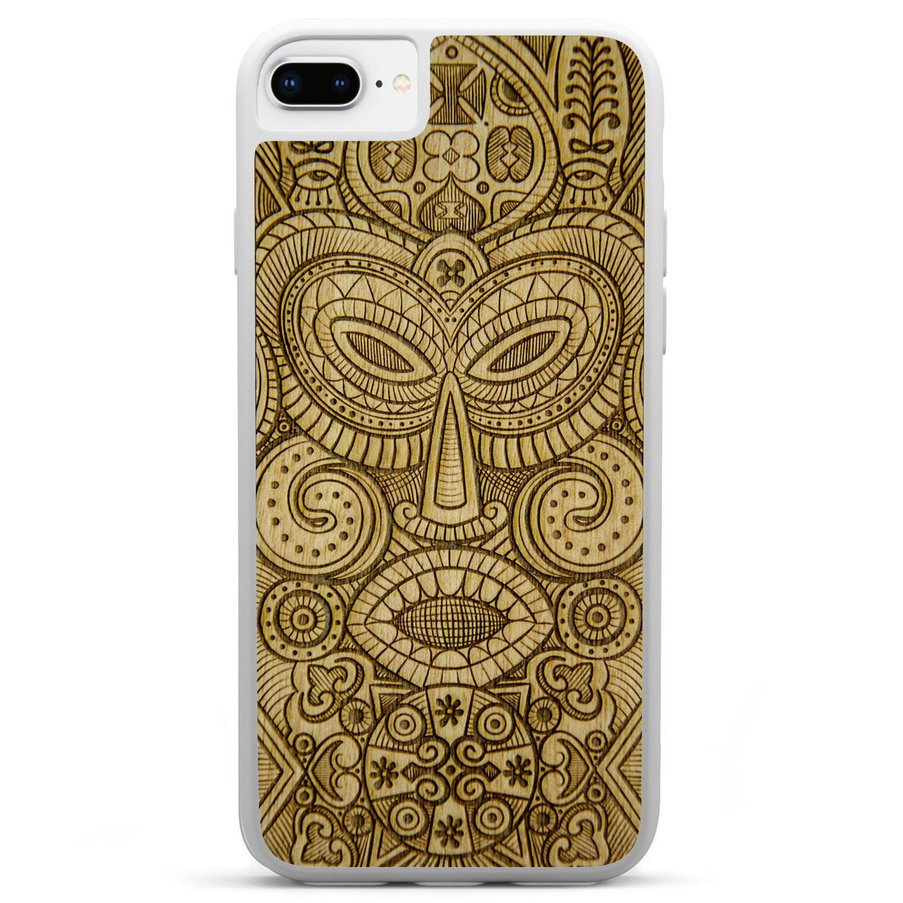 Tribal Mask wooden phone case held in hand, showcasing its unique design and natural wood grain.