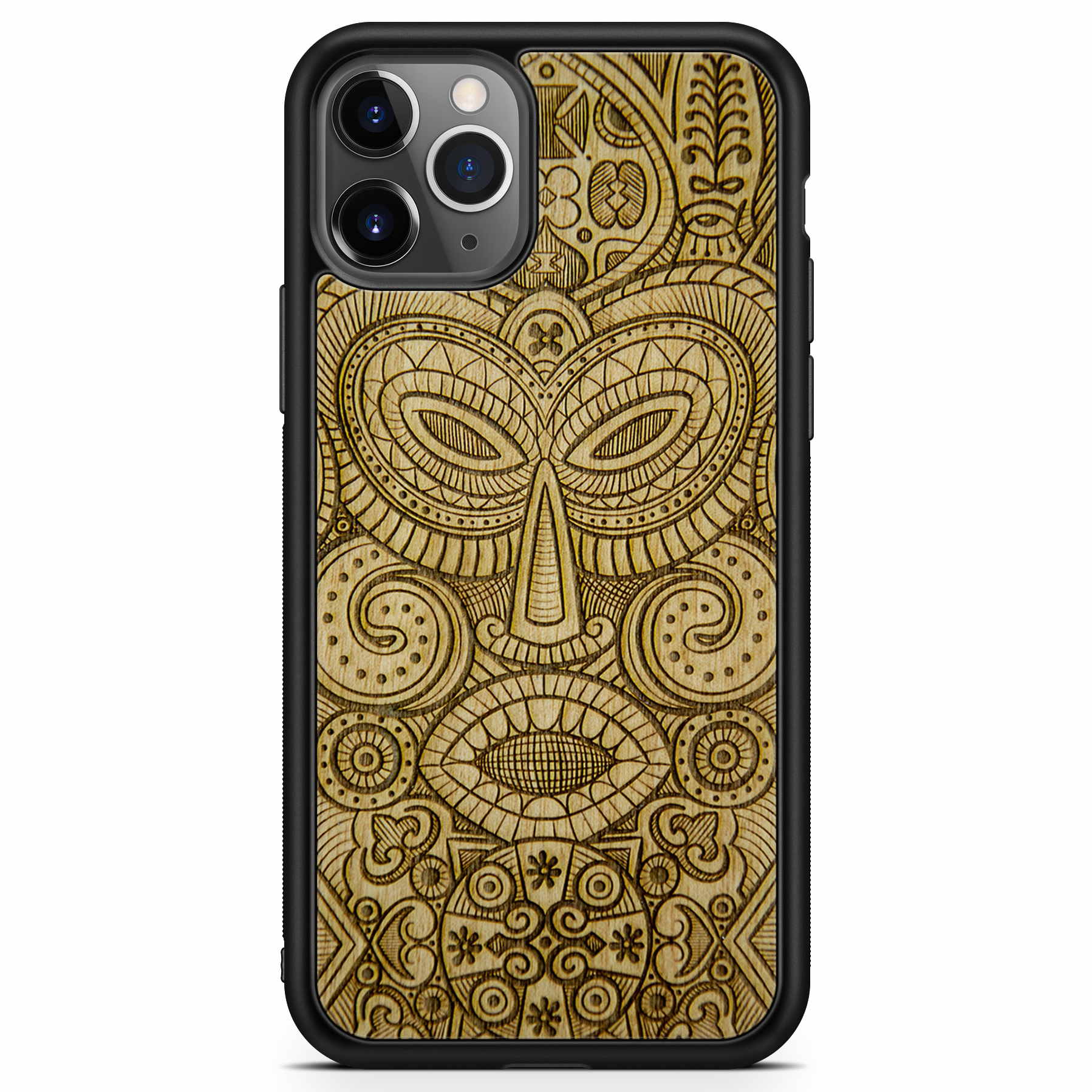 Tribal Mask wooden phone case held in hand, showcasing its unique design and natural wood grain.