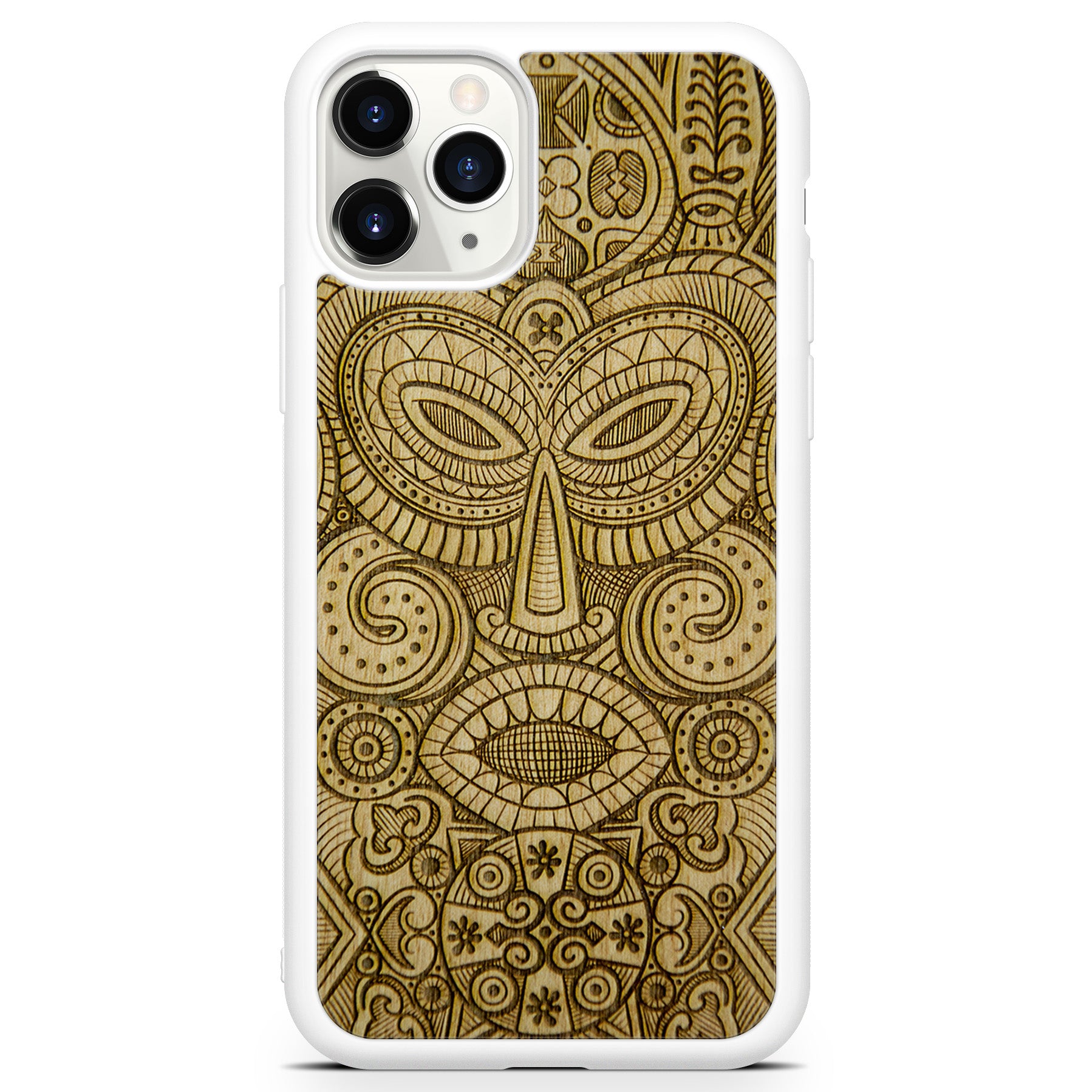 Tribal Mask wooden phone case held in hand, showcasing its unique design and natural wood grain.