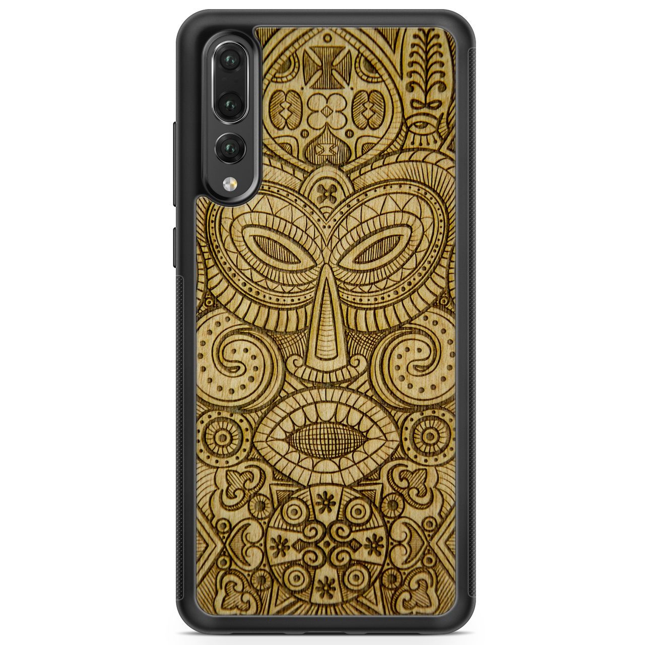 Tribal Mask wooden phone case held in hand, showcasing its unique design and natural wood grain.