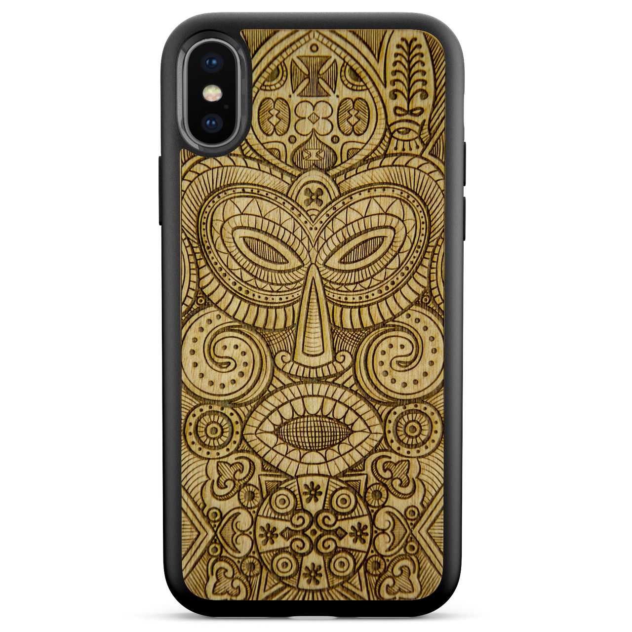 Tribal Mask wooden phone case held in hand, showcasing its unique design and natural wood grain.