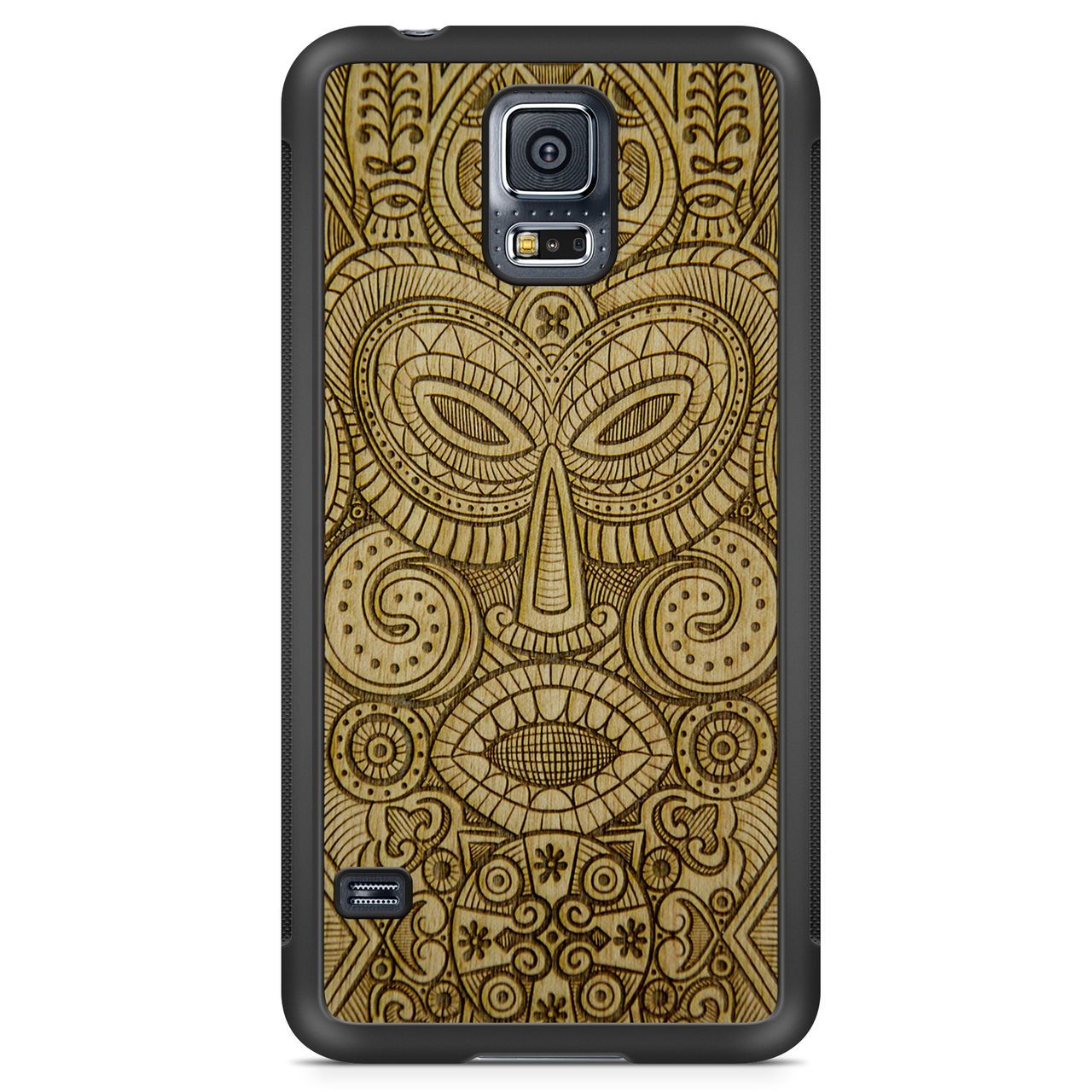 Tribal Mask wooden phone case held in hand, showcasing its unique design and natural wood grain.