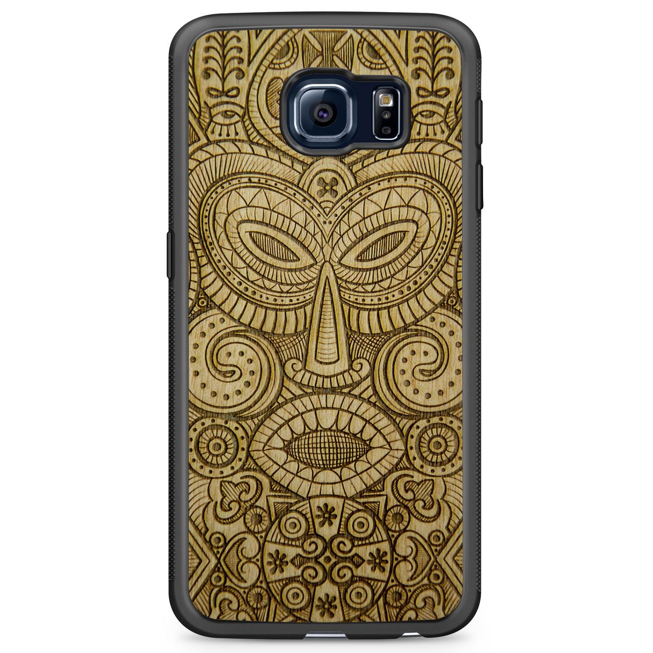 Tribal Mask wooden phone case held in hand, showcasing its unique design and natural wood grain.