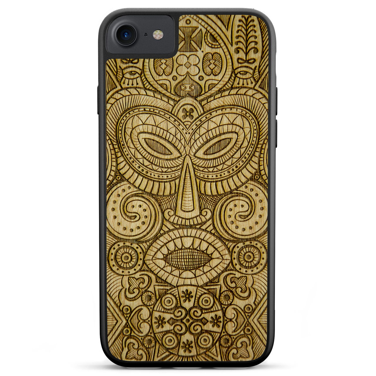 Tribal Mask wooden phone case held in hand, showcasing its unique design and natural wood grain.