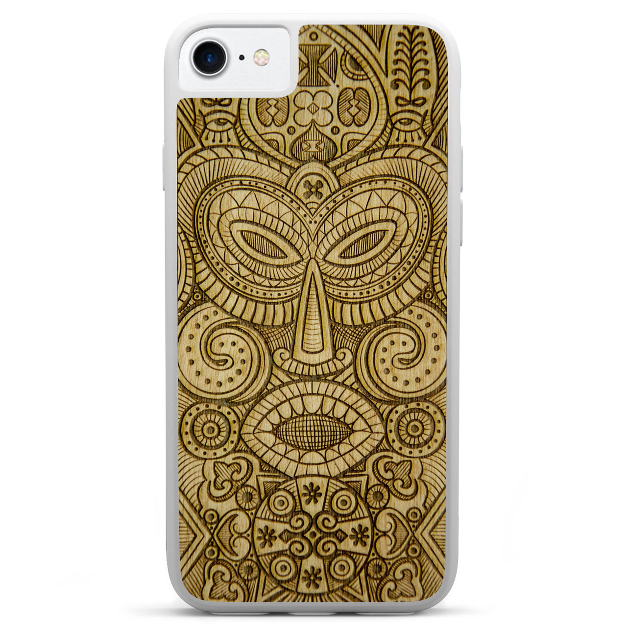 Tribal Mask wooden phone case held in hand, showcasing its unique design and natural wood grain.