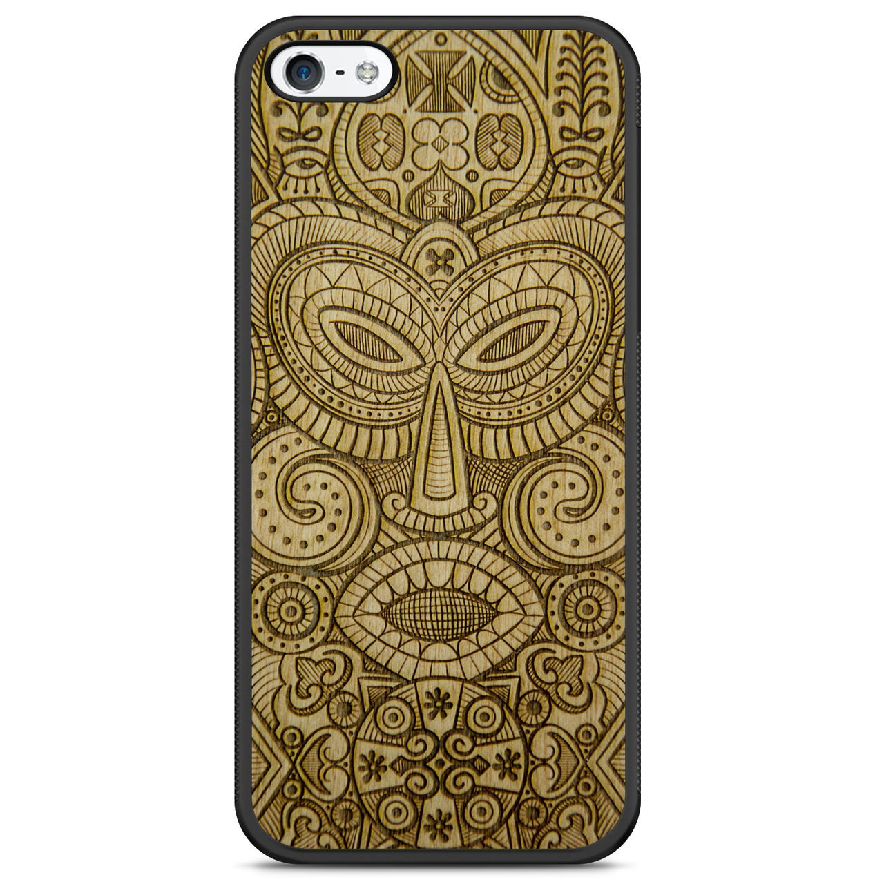 Tribal Mask wooden phone case held in hand, showcasing its unique design and natural wood grain.