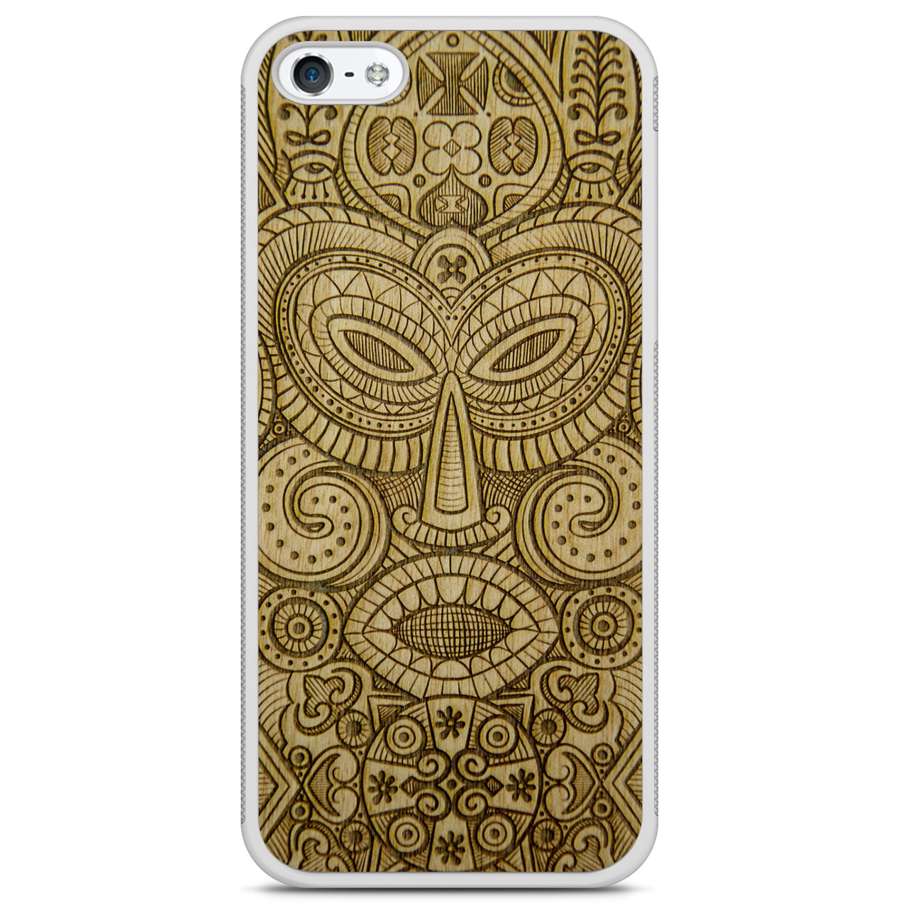 Tribal Mask wooden phone case held in hand, showcasing its unique design and natural wood grain.