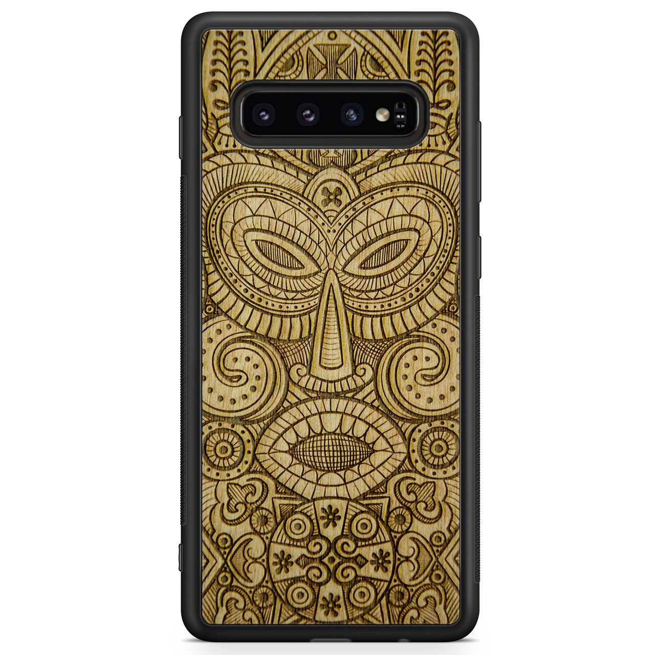 Tribal Mask wooden phone case held in hand, showcasing its unique design and natural wood grain.