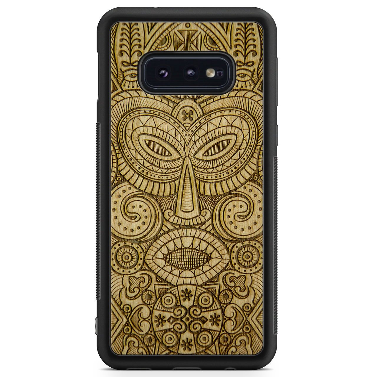 Tribal Mask wooden phone case held in hand, showcasing its unique design and natural wood grain.